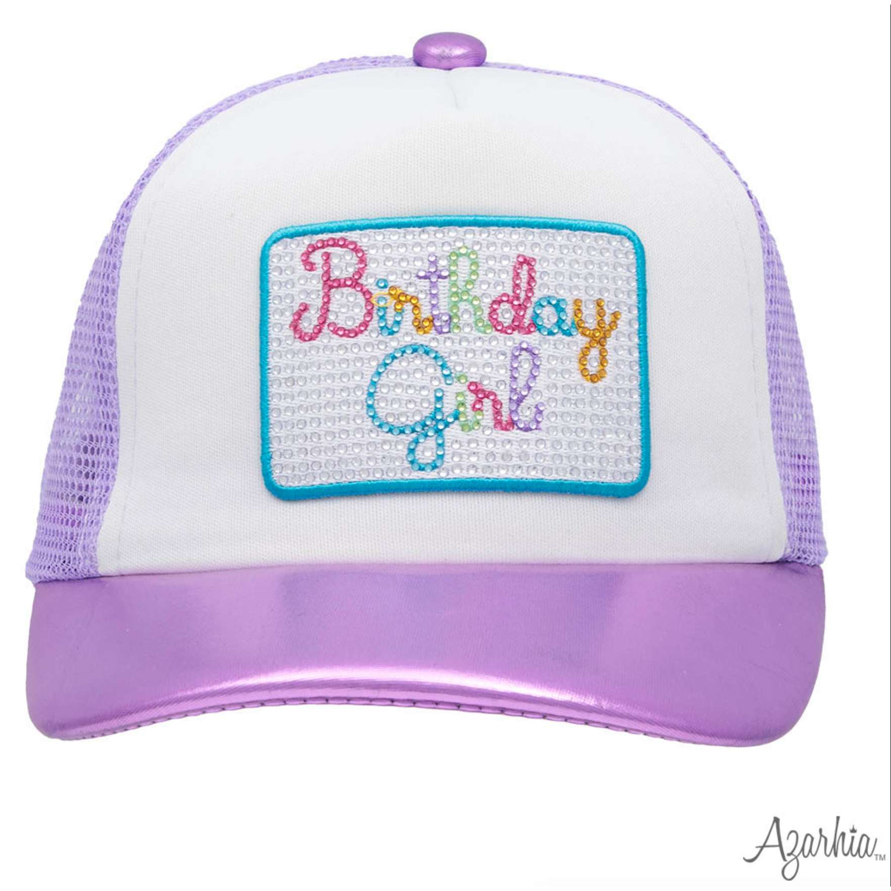 Azarhia Birthday Girl Rhinestone Lavender Metallic Trucker Hat-AZARHIA-Little Giant Kidz