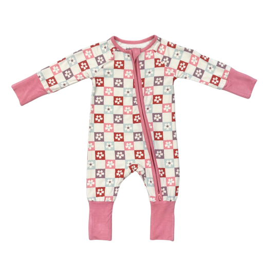 Baby Sprouts Long Sleeve Zip Romper Wavy Daisy Checkered-Baby Sprouts-Little Giant Kidz