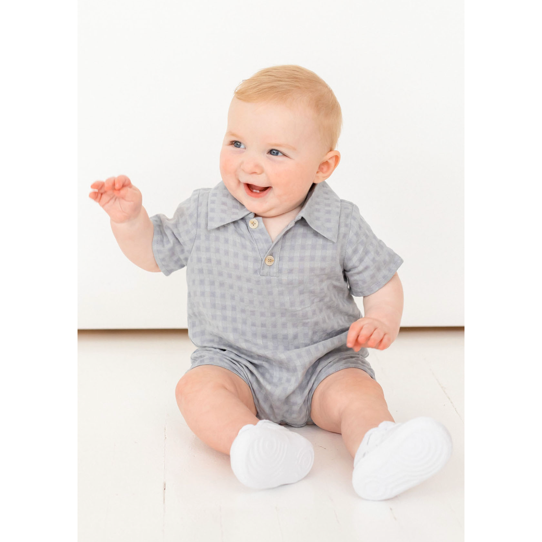 Beckett Bear Blue Checkmate Romper-MABEL+HONEY-Little Giant Kidz