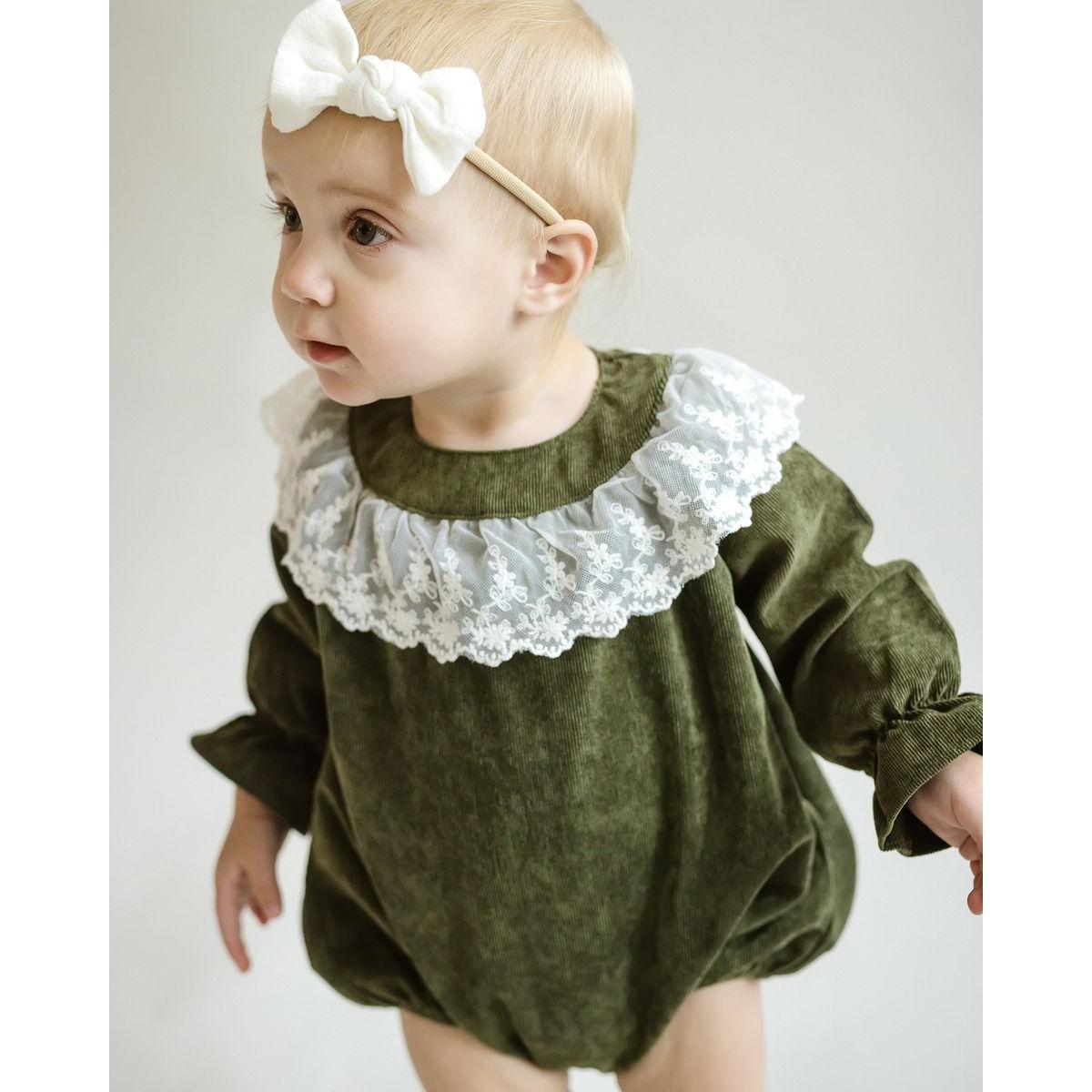 Cuclie Lace Collar Bubble Romper- Forest Green-Cuclie Baby-Little Giant Kidz
