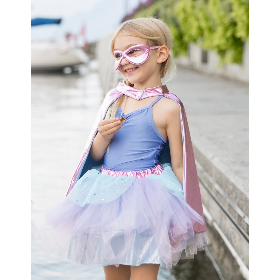 Great Pretenders Super-duper Tutu, Cape & Mask, Metallic Pink & Light Blue-Great Pretenders-Little Giant Kidz