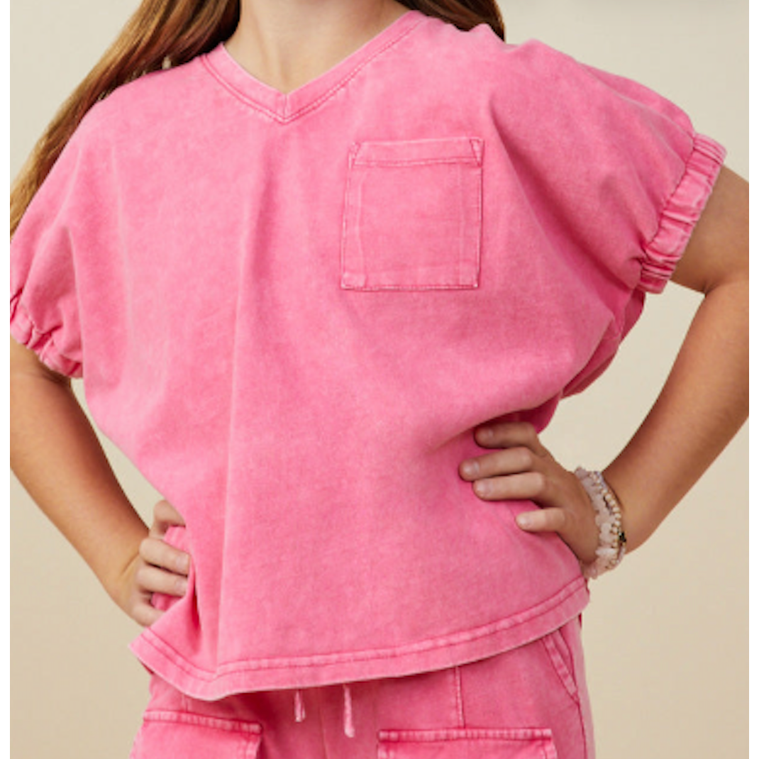Hayden Garment Washed V Neck Elastic Sleeve T Shirt-Pink-HAYDEN GIRLS-Little Giant Kidz