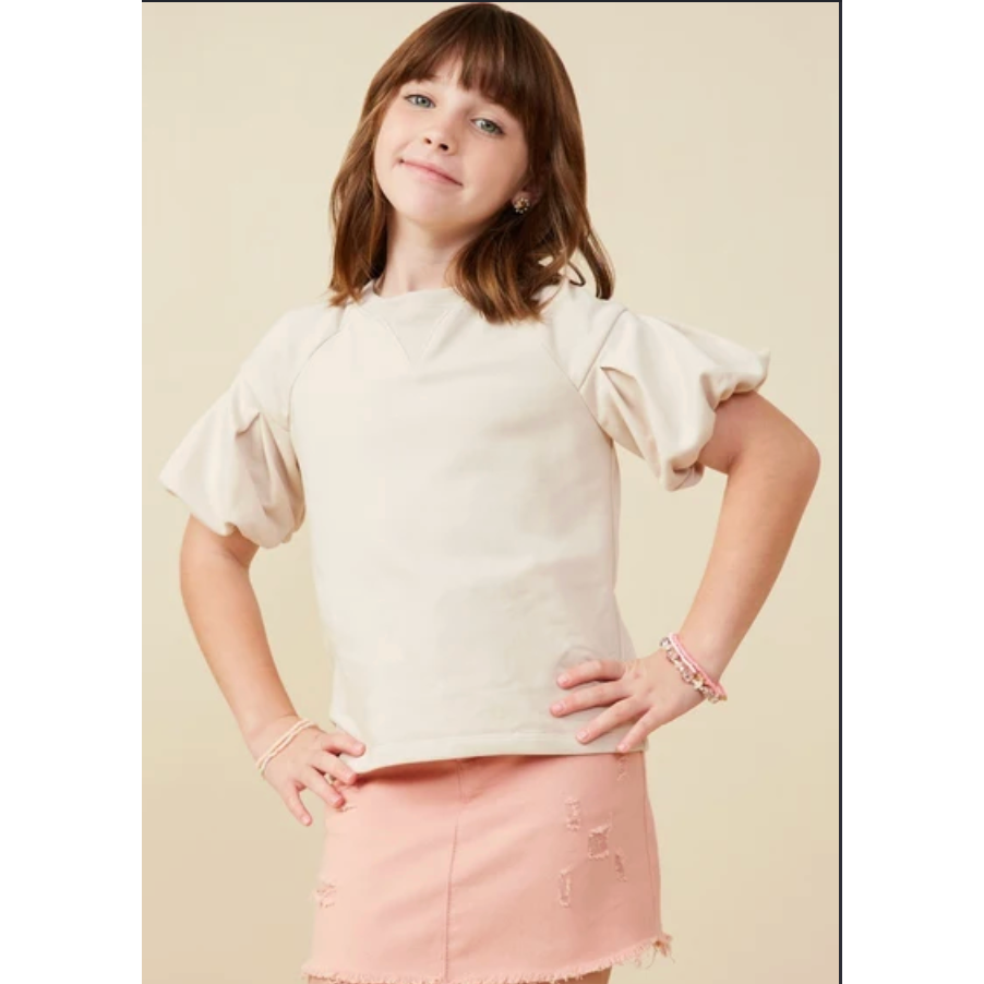 Hayden Girls Box Pleat Puff Sleeve French Terry Top - Beige-Hayden-Little Giant Kidz