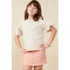 Hayden Girls Box Pleat Puff Sleeve French Terry Top - Beige-Hayden-Little Giant Kidz