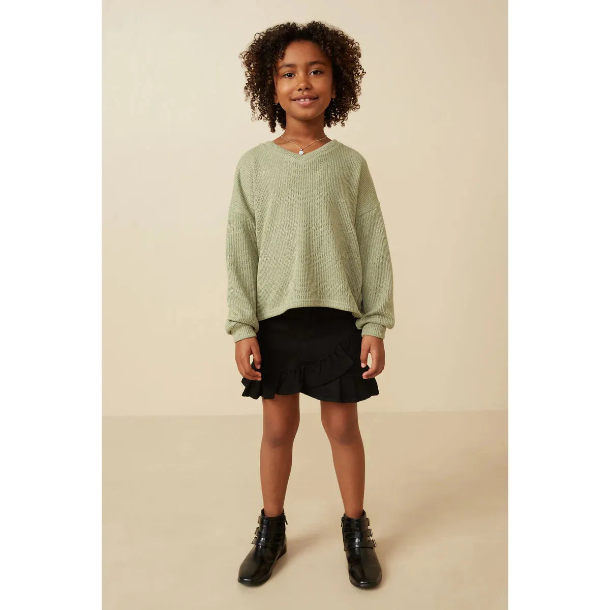 Hayden Girls Brushed Fuzzy Ribbed V Neck Knit Top-HAYDEN GIRLS-Little Giant Kidz