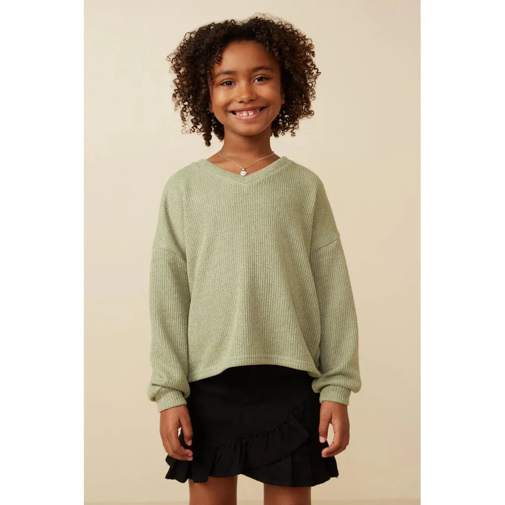 Hayden Girls Brushed Fuzzy Ribbed V Neck Knit Top-HAYDEN GIRLS-Little Giant Kidz