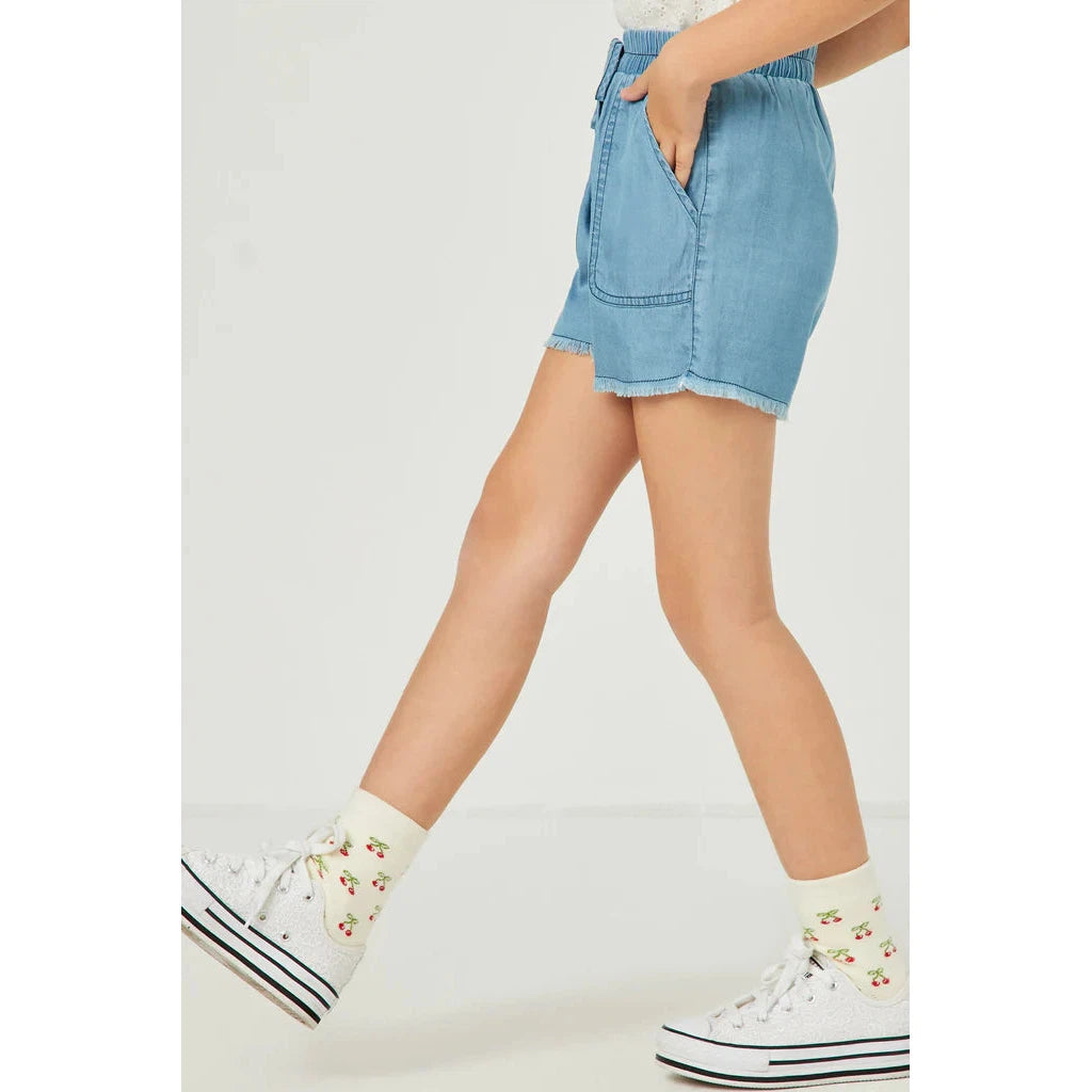 Hayden Girls Distressed Hem Light Wash Pocket Shorts-HAYDEN GIRLS-Little Giant Kidz