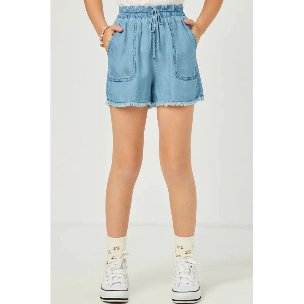 Hayden Girls Distressed Hem Light Wash Pocket Shorts-HAYDEN GIRLS-Little Giant Kidz