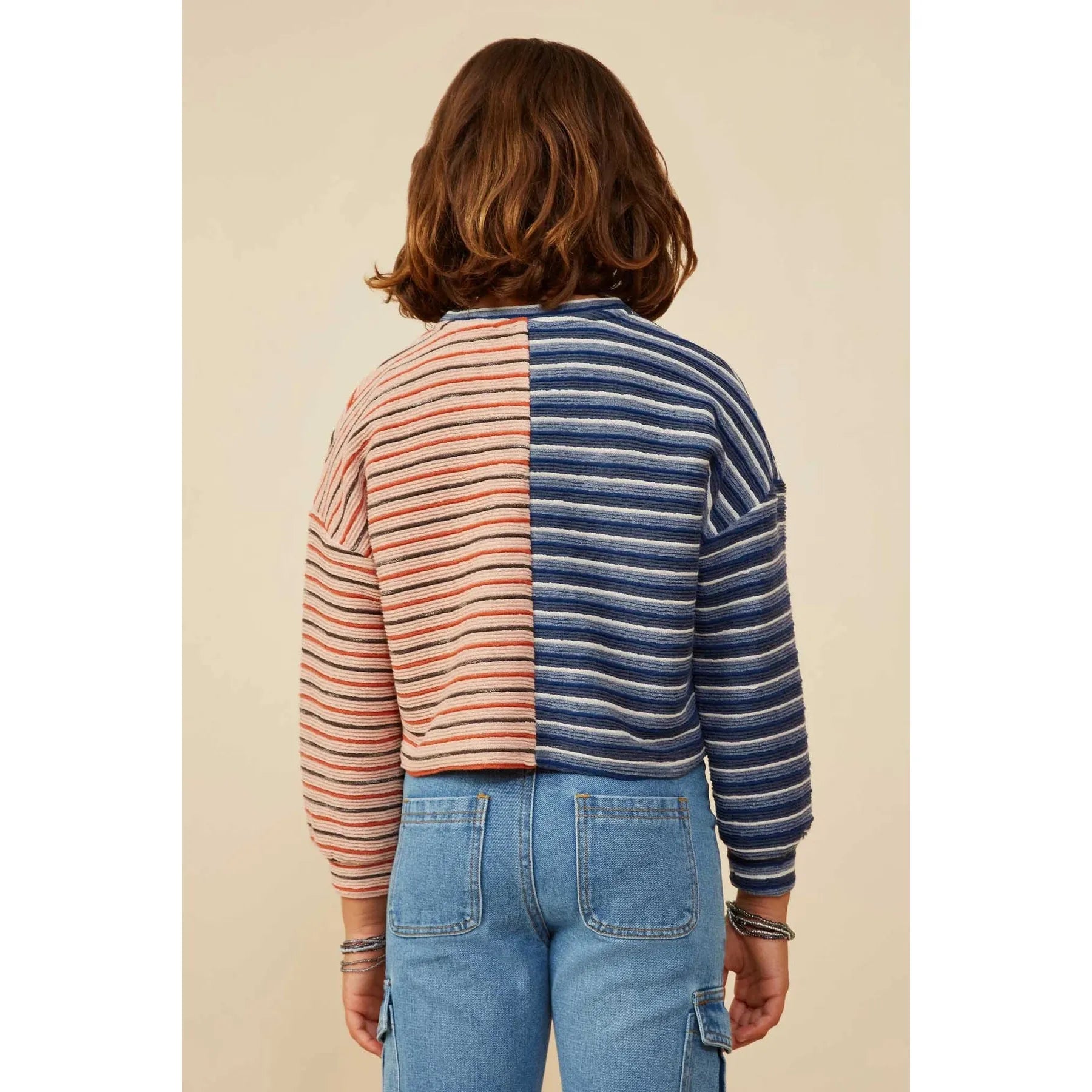 Hayden Girls Fabric Blocked Striped Terry Knit Top - Navy-Hayden-Little Giant Kidz