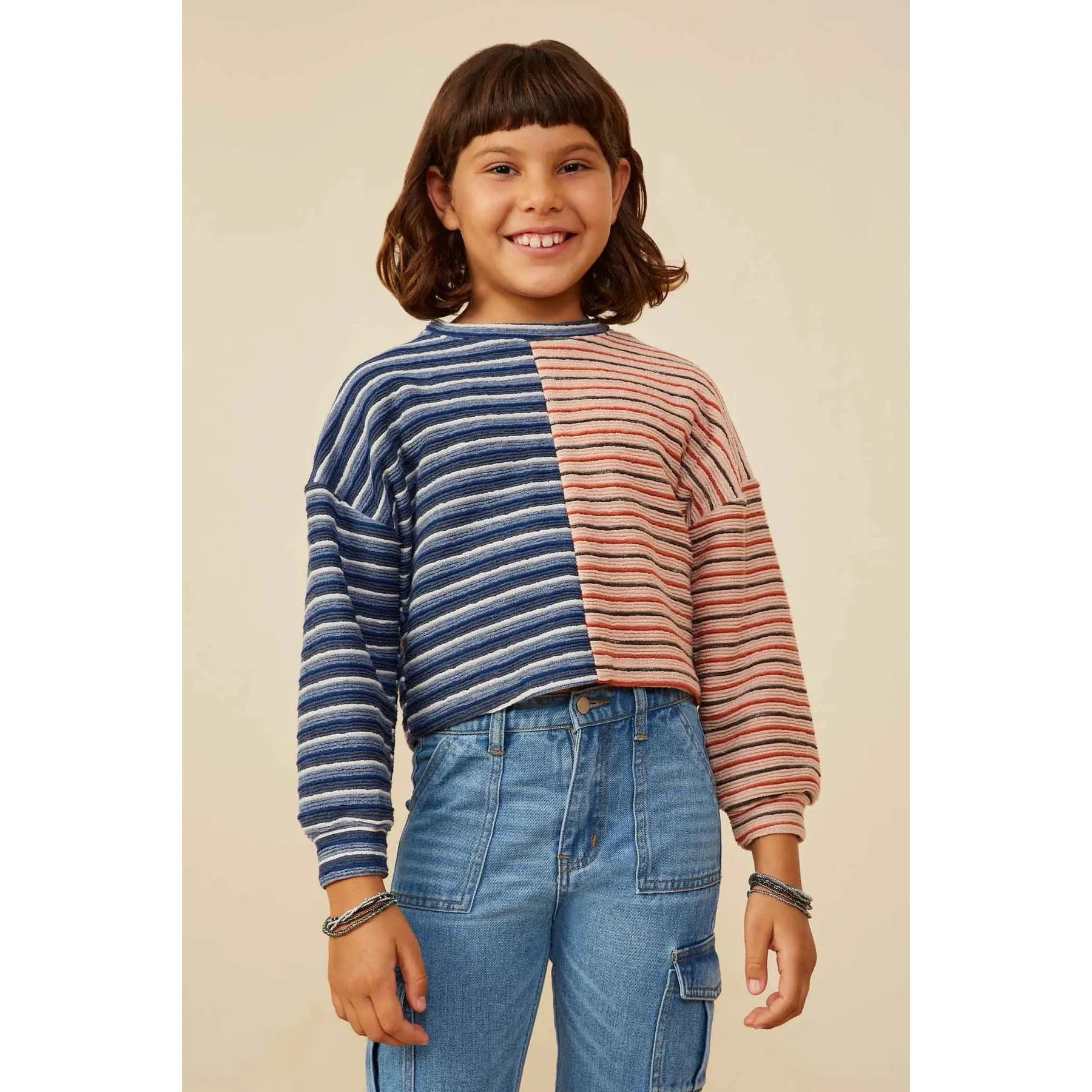 Hayden Girls Fabric Blocked Striped Terry Knit Top - Navy-Hayden-Little Giant Kidz