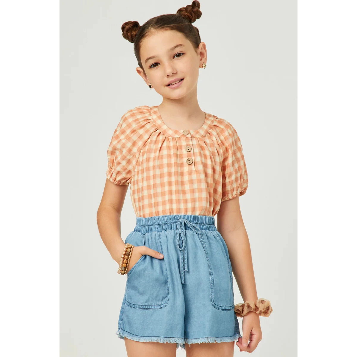 Hayden Girls Gingham Button Detail Puff Sleeve Scoop Neck Top-HAYDEN GIRLS-Little Giant Kidz