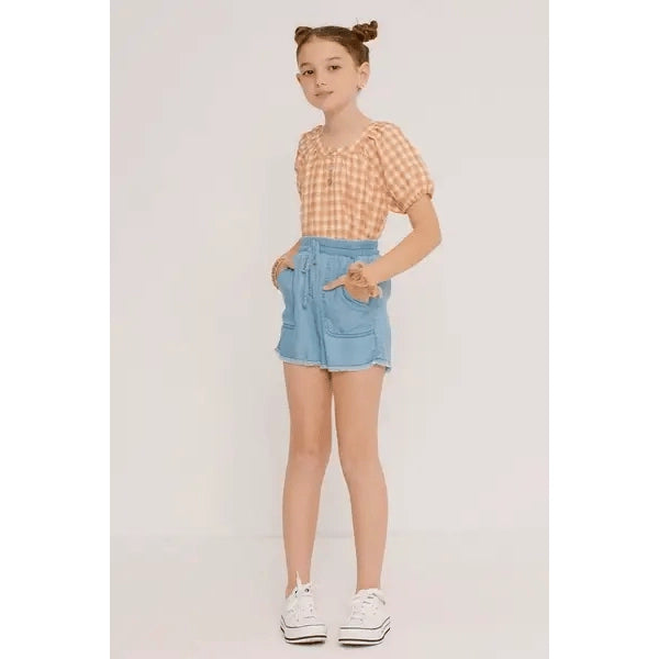 Hayden Girls Gingham Button Detail Puff Sleeve Scoop Neck Top-HAYDEN GIRLS-Little Giant Kidz