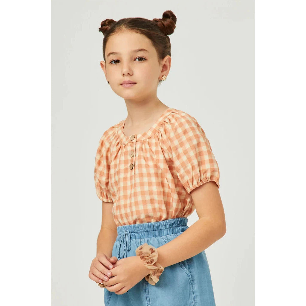 Hayden Girls Gingham Button Detail Puff Sleeve Scoop Neck Top-HAYDEN GIRLS-Little Giant Kidz