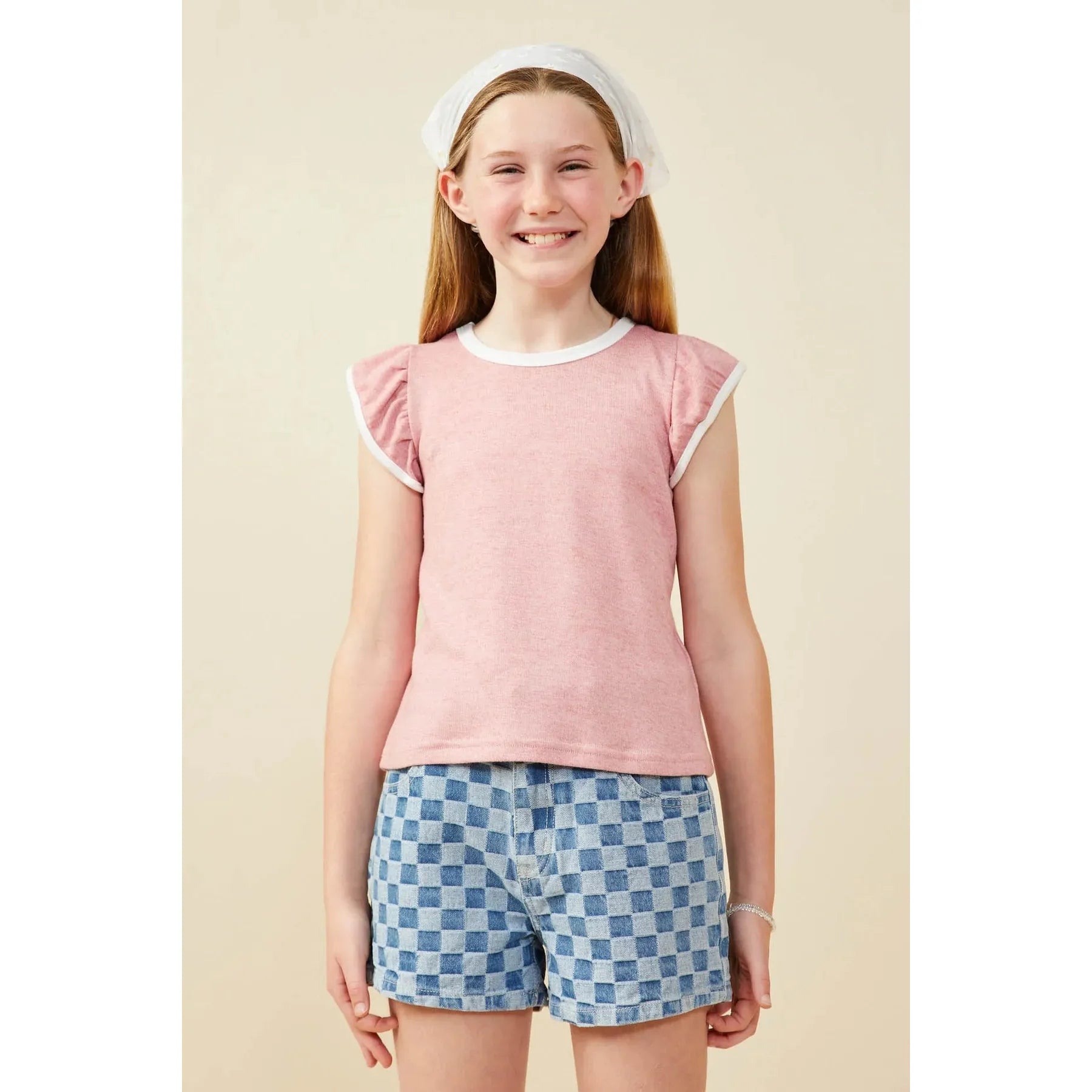 Hayden Girls Heathered Contrast Piped Ruffle Top - Pink -Hayden-Little Giant Kidz