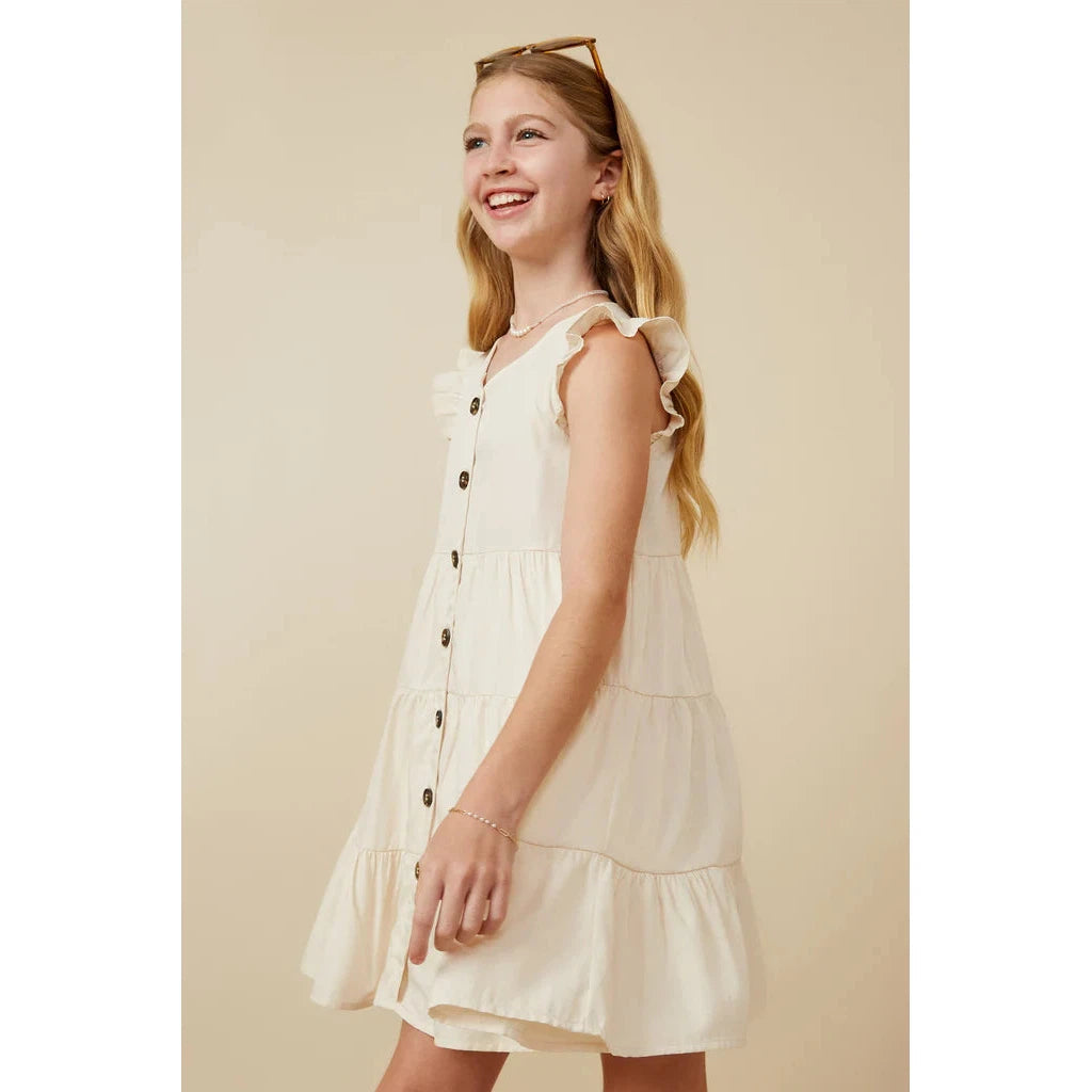Hayden Girls Ruffled Button Down Tiered Tank Dress - Ivory-HAYDEN GIRLS-Little Giant Kidz