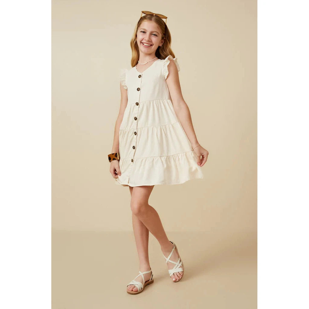 Hayden Girls Ruffled Button Down Tiered Tank Dress - Ivory-HAYDEN GIRLS-Little Giant Kidz