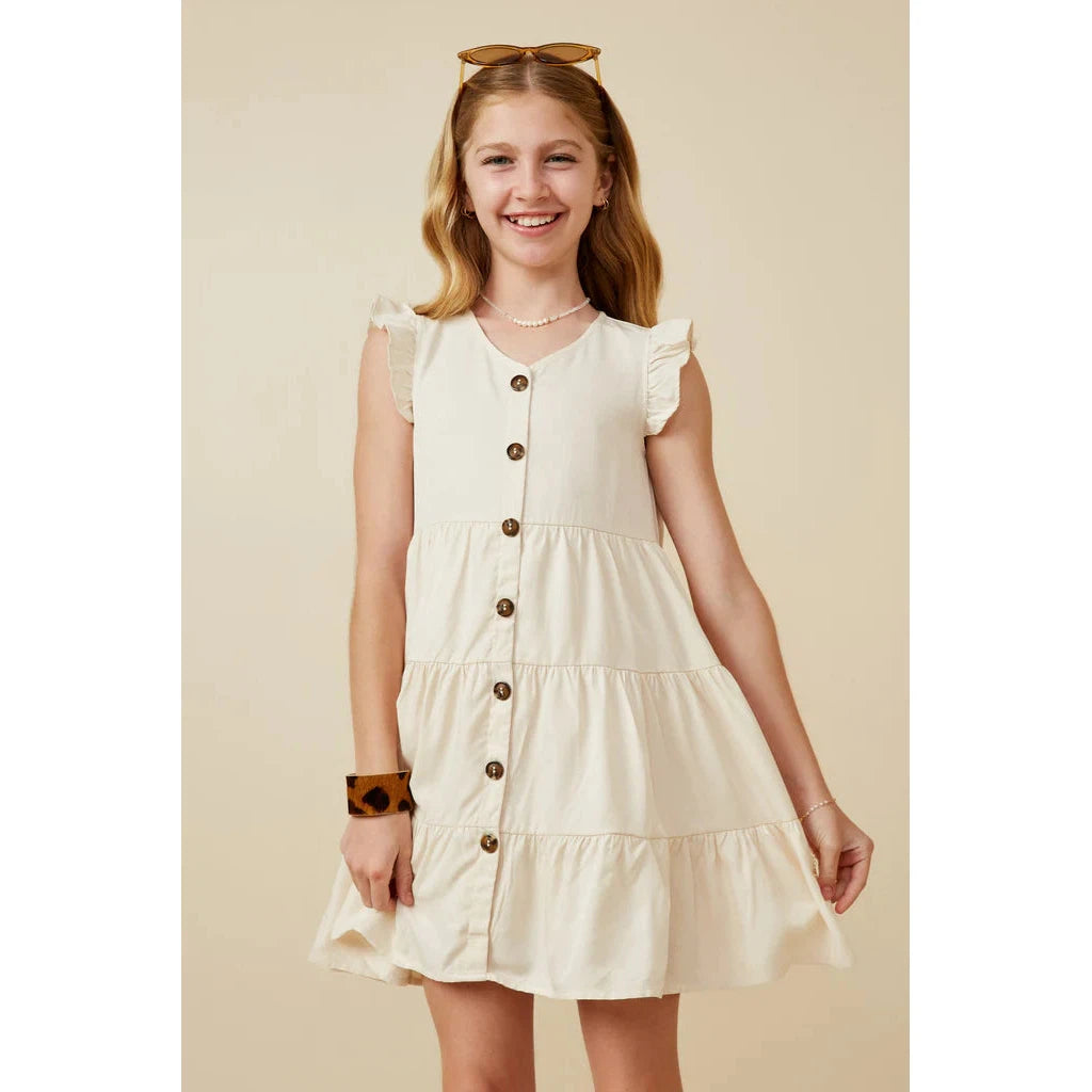 Hayden Girls Ruffled Button Down Tiered Tank Dress - Ivory-HAYDEN GIRLS-Little Giant Kidz