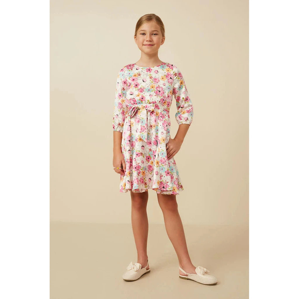 Hayden Girls Satin Floral Long Sleeve Belted Flare Skirt Dress-HAYDEN GIRLS-Little Giant Kidz