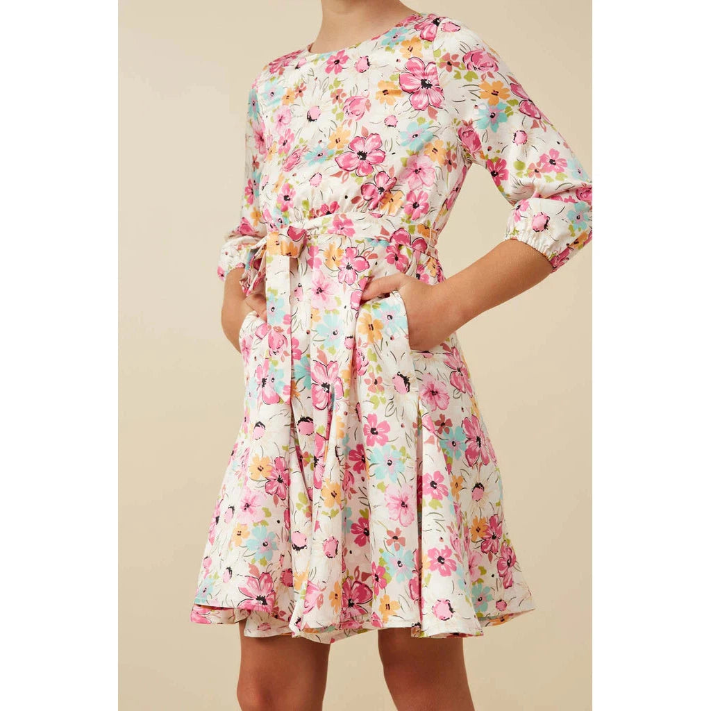 Hayden Girls Satin Floral Long Sleeve Belted Flare Skirt Dress-HAYDEN GIRLS-Little Giant Kidz