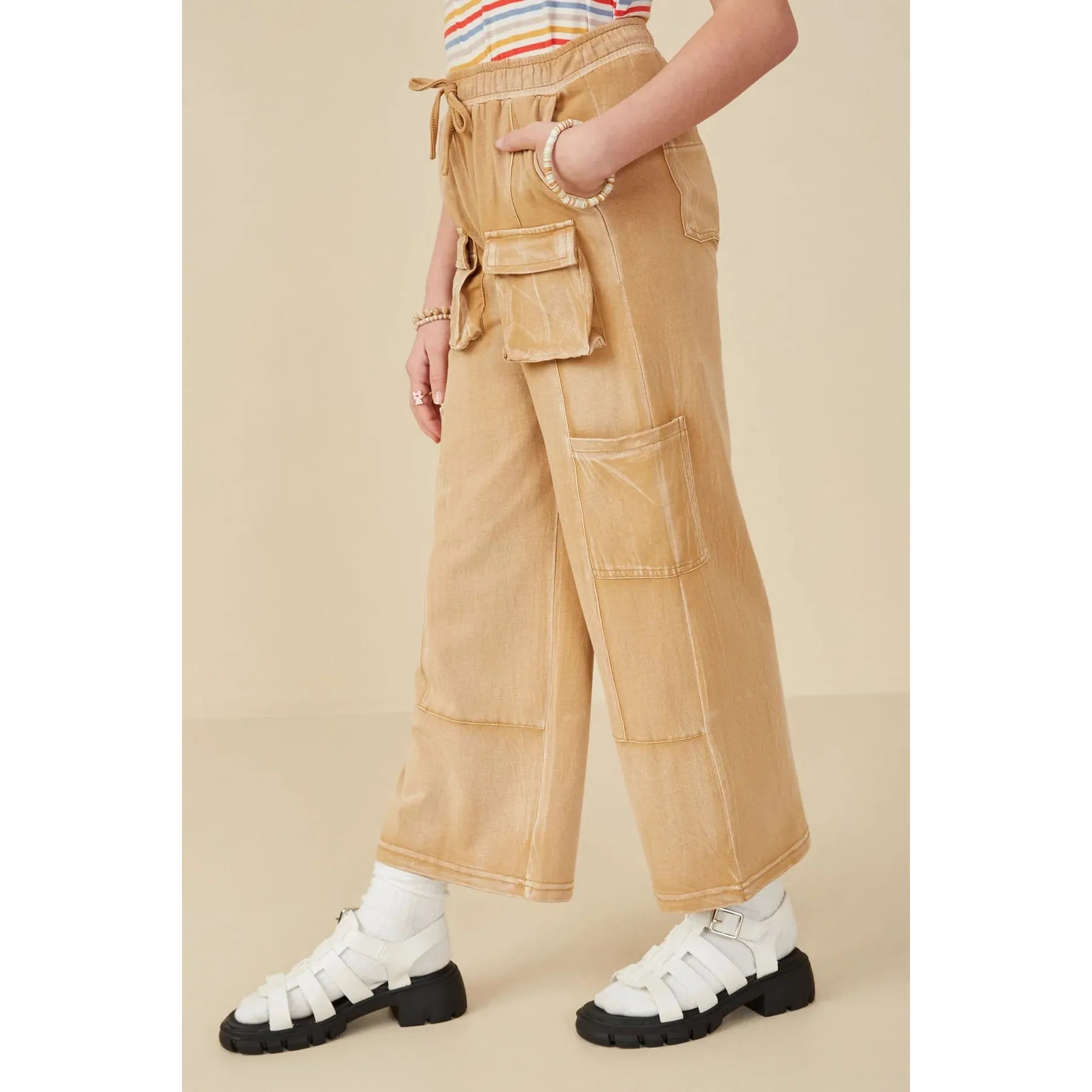 Hayden Girls Washed Cargo Pocket Detail Wide Leg Knit Pants - Taupe-Hayden-Little Giant Kidz