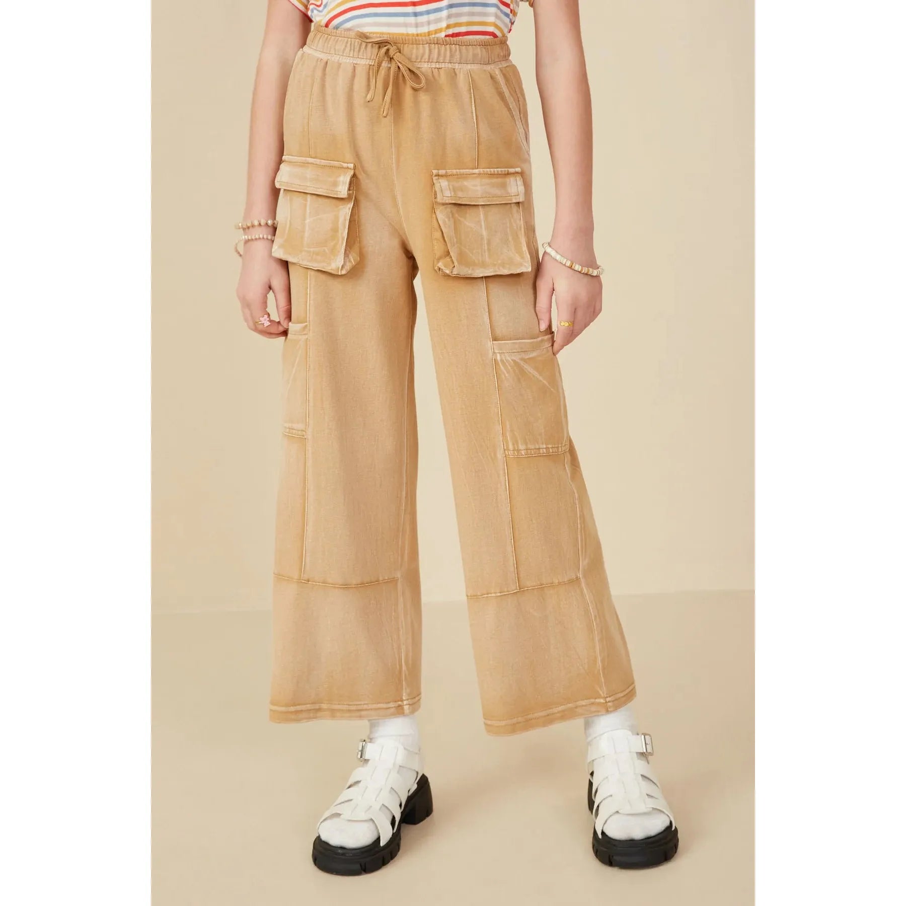 Hayden Girls Washed Cargo Pocket Detail Wide Leg Knit Pants - Taupe-Hayden-Little Giant Kidz