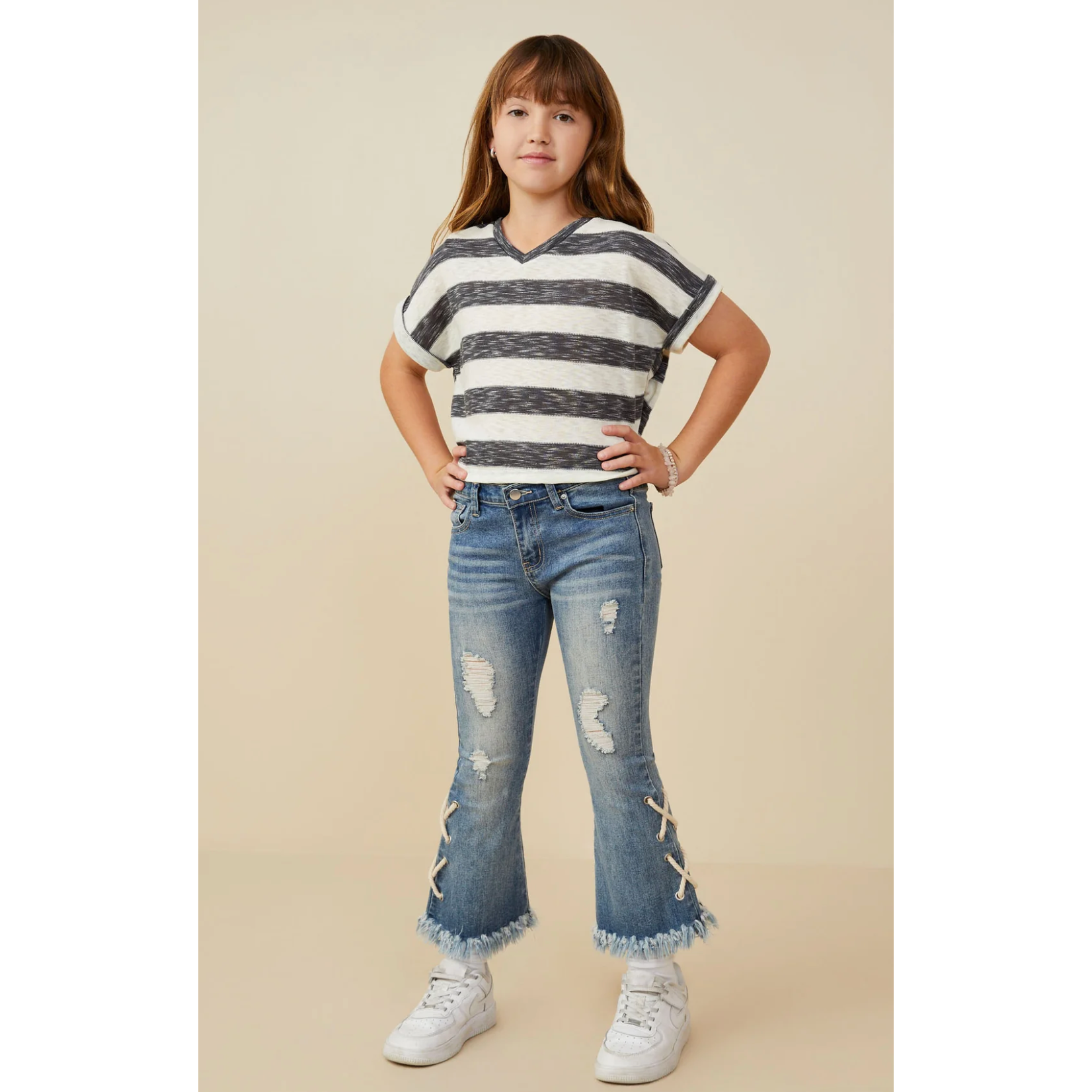 Hayden Heathered Stripe V Neck Knit Top-HAYDEN GIRLS-Little Giant Kidz