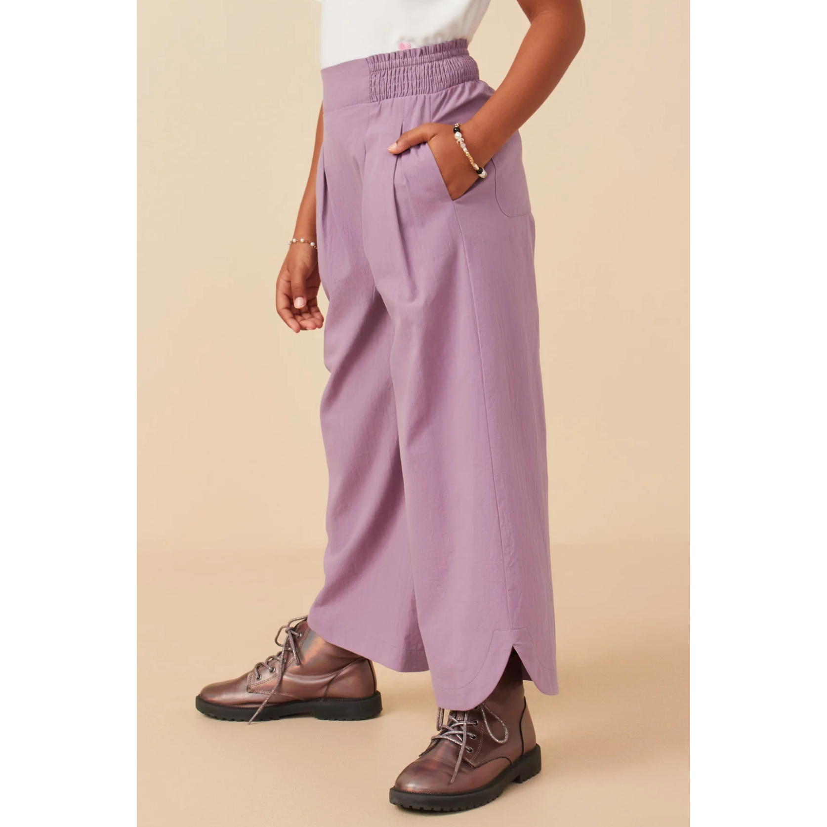Hayden Smocked Waist Detailed Pleated Wide Leg Pants- Lavender-HAYDEN GIRLS-Little Giant Kidz