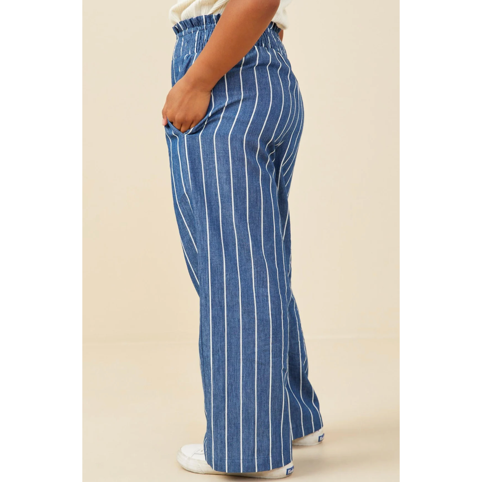 Hayden Smocked Waist Pinstripe Wide Leg Chambray Pants-HAYDEN GIRLS-Little Giant Kidz
