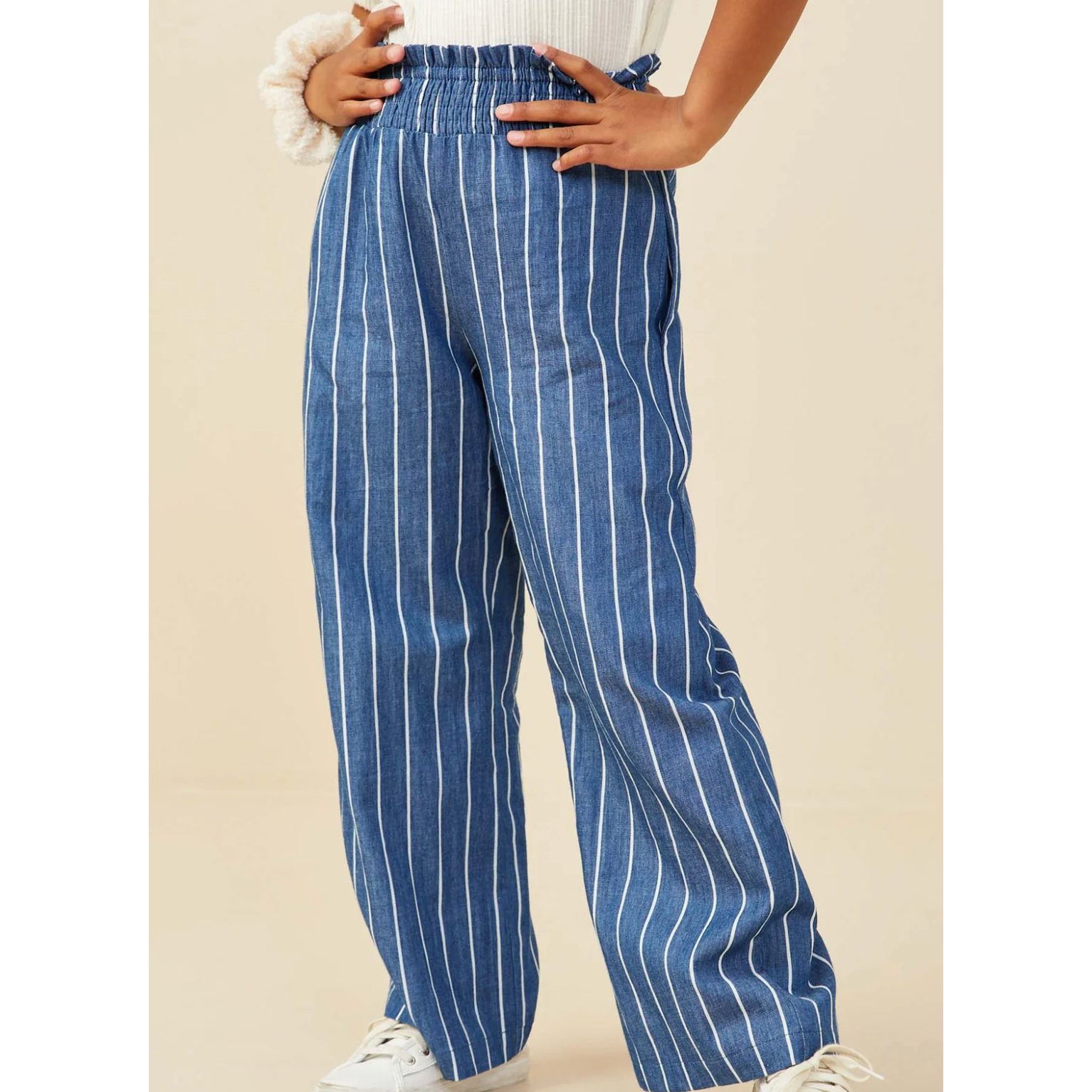 Hayden Smocked Waist Pinstripe Wide Leg Chambray Pants-HAYDEN GIRLS-Little Giant Kidz