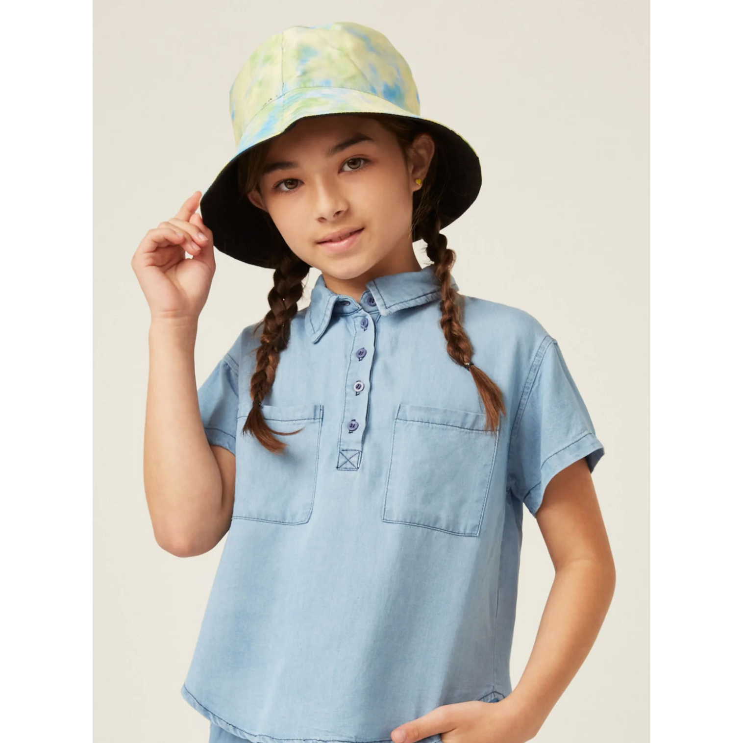 Hayden Washed Tencel Pocketed Collared Shirt- Light Denim-HAYDEN GIRLS-Little Giant Kidz
