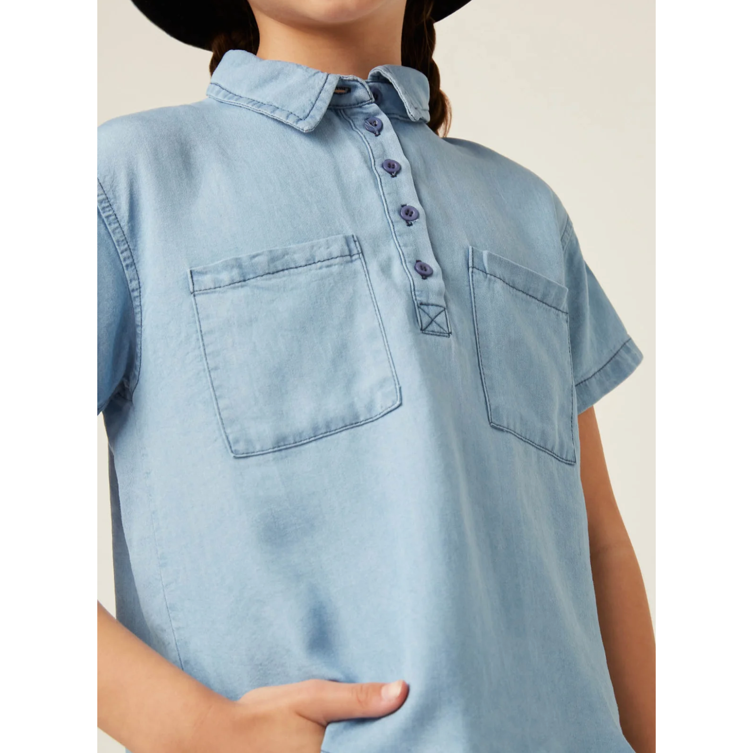 Hayden Washed Tencel Pocketed Collared Shirt- Light Denim-HAYDEN GIRLS-Little Giant Kidz
