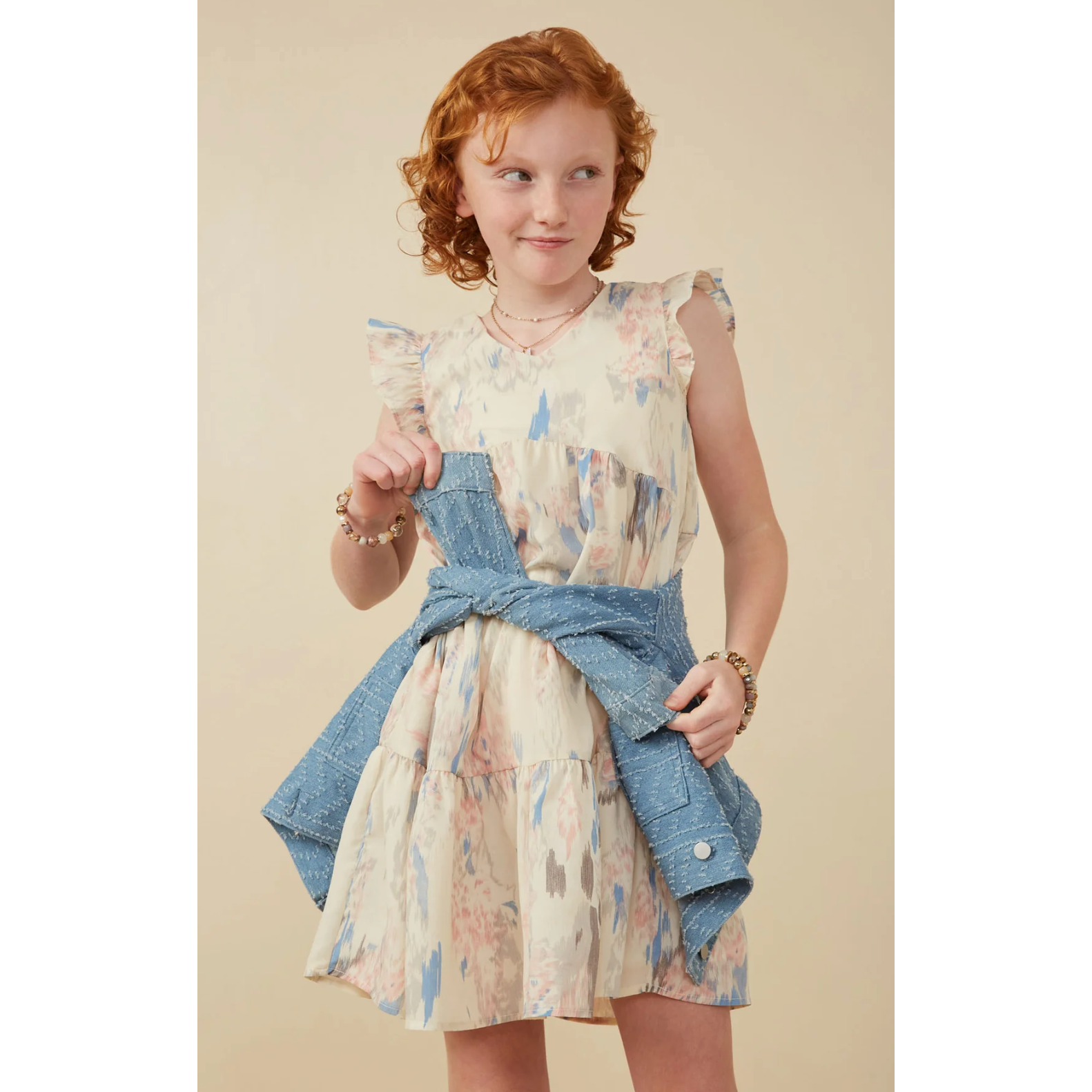 Hayden Watercolor V Neck Tiered Ruffled Dress- Ivory-HAYDEN GIRLS-Little Giant Kidz