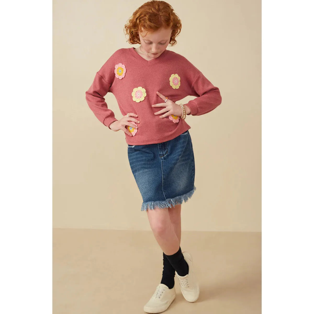 Hayden handmade Crochet Floral Detail Brushed Ribbed Knit Top-HAYDEN GIRLS-Little Giant Kidz