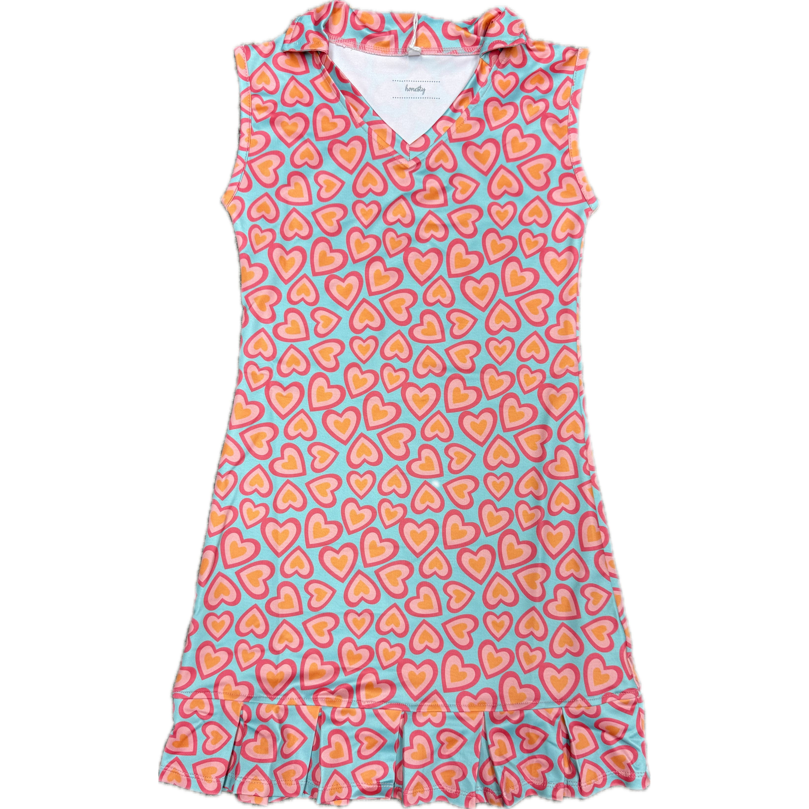 Honesty Clothing Pleated Dress- Turq/ Pink Hearts-HONESTY-Little Giant Kidz