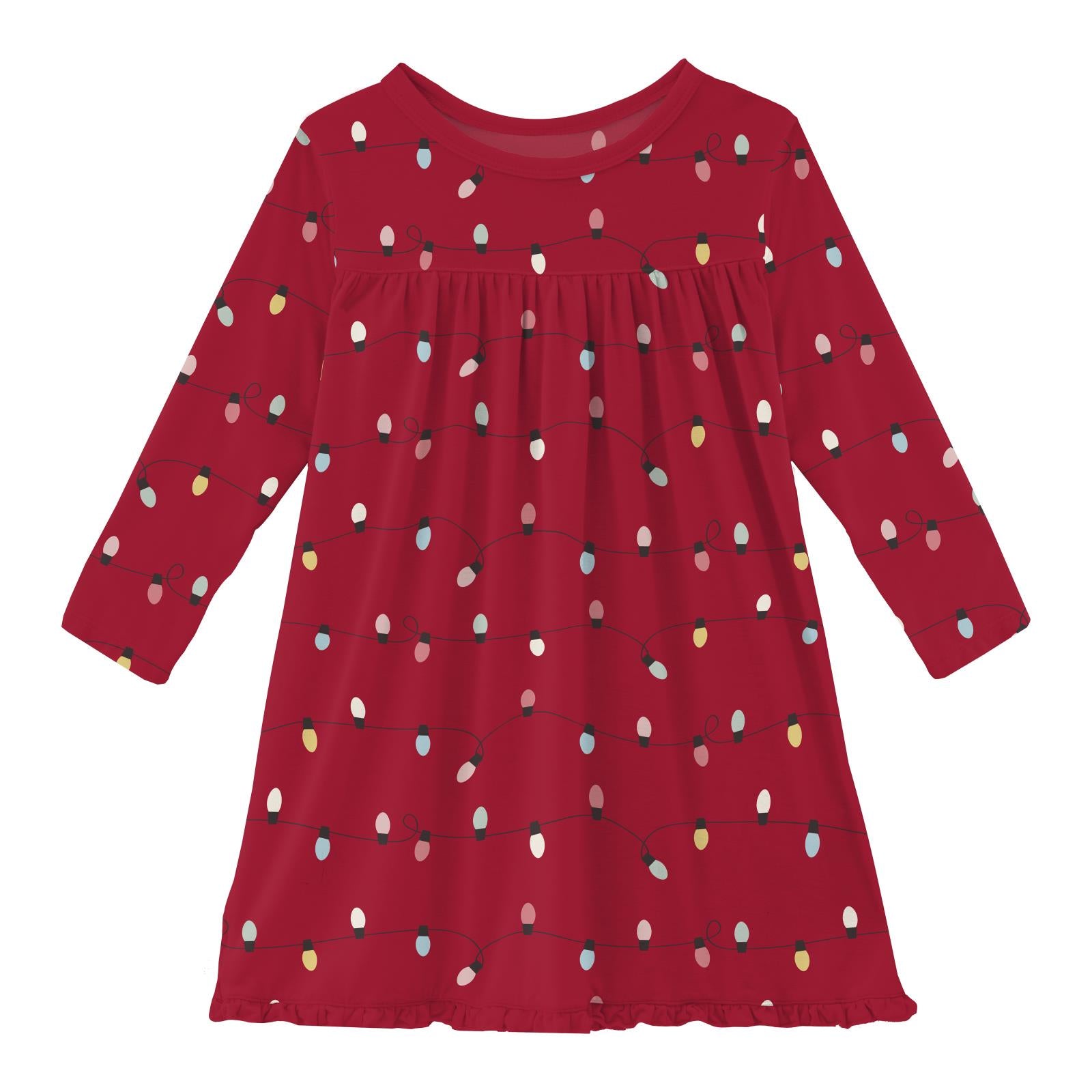 knee length dresses for ladies Kickee Pants Long Sleeve Swing Dress- Crimson Holiday Lights 4T