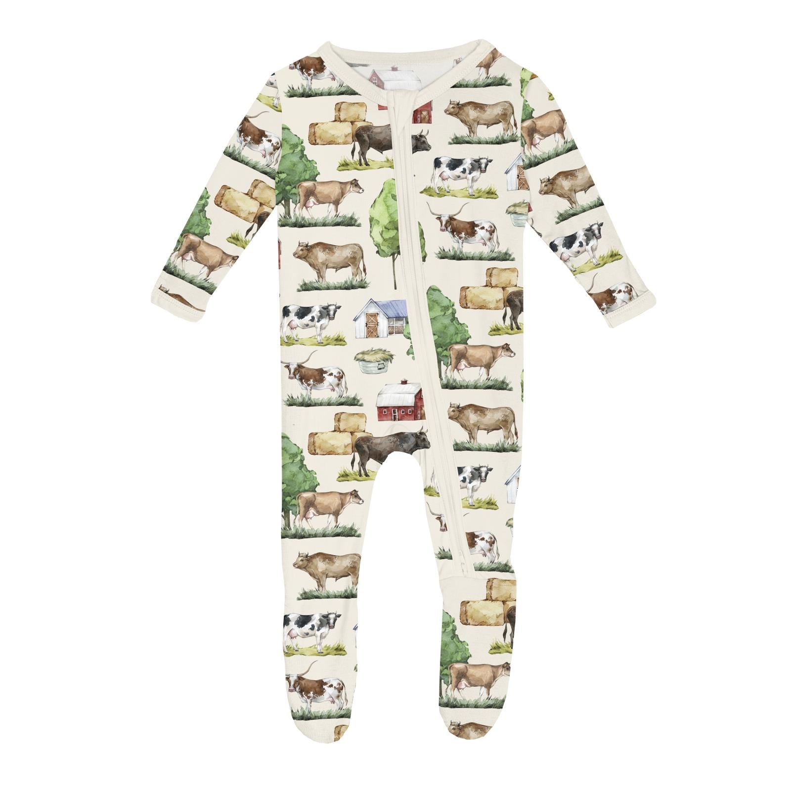 Kickee Pants Print Footie with 2 Way Zipper- Natural Grazing Cows-KICKEE PANTS-Little Giant Kidz