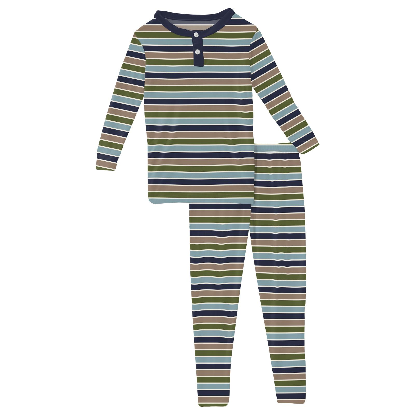 Kickee Pants Print Long Sleeve Henley Pajama Set- Fall Vibes Stripe-KICKEE PANTS-Little Giant Kidz