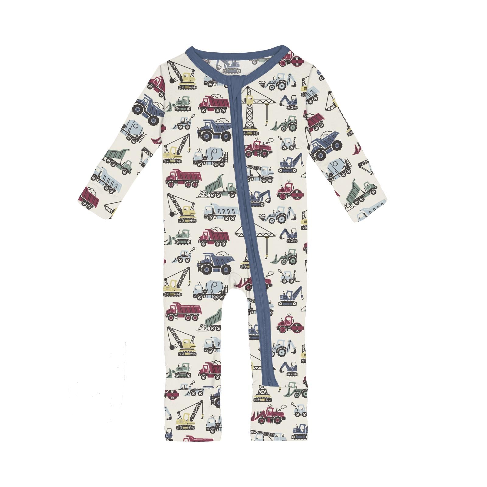 Kickee Pants Print Zipper Convertible Coverall- Natural Construction Trucks-KICKEE PANTS-Little Giant Kidz