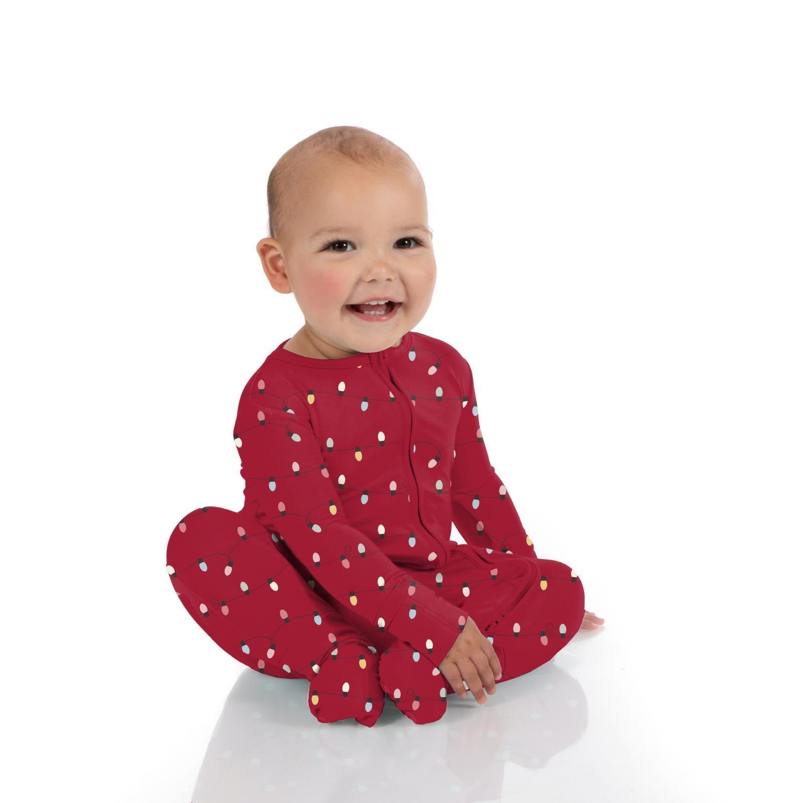 Kickee Pants Ruffle Footie with 2 Way Zipper- Crimson Holiday Lights-KICKEE PANTS-Little Giant Kidz