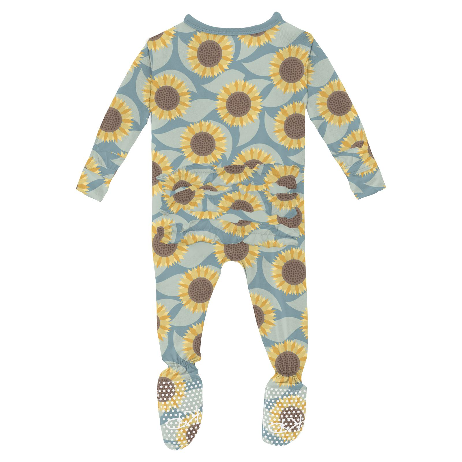 Kickee Pants Ruffle Footie with 2 Way Zipper- Stormy Sea Sunflower-Kickee Pants-Little Giant Kidz