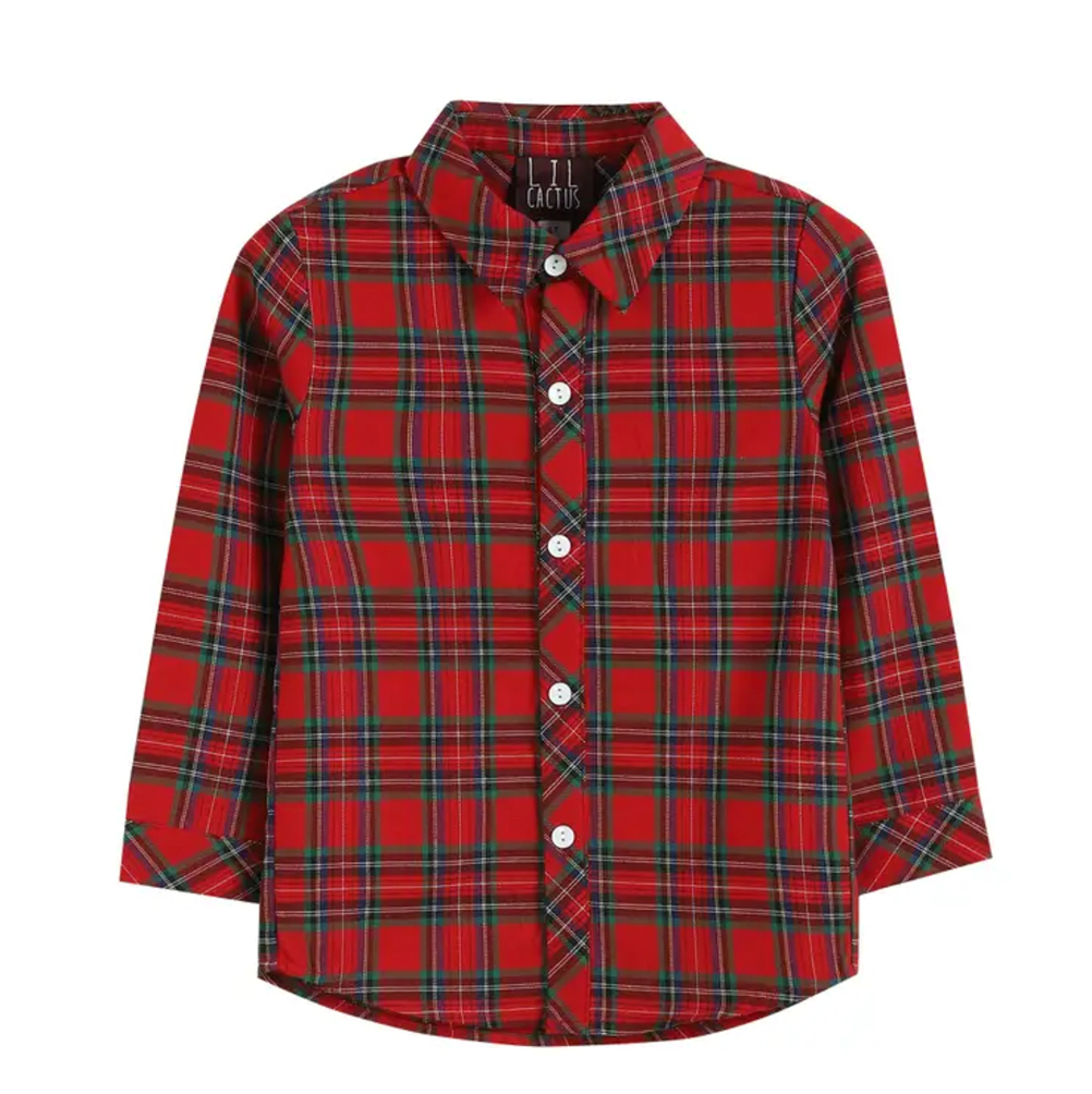 Lil Cactus Red Christmas Plaid Tartan Button-Up Dress Shirt-Lil Cactus-Little Giant Kidz