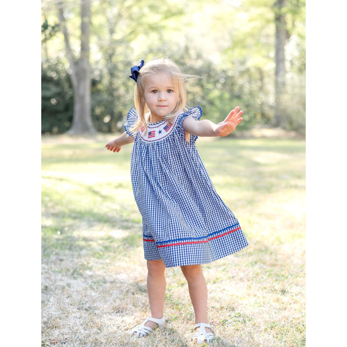 Lil Cactus Smocked Bishop Dress- Royal Blue Gingham American Flag-Lil Cactus-Little Giant Kidz