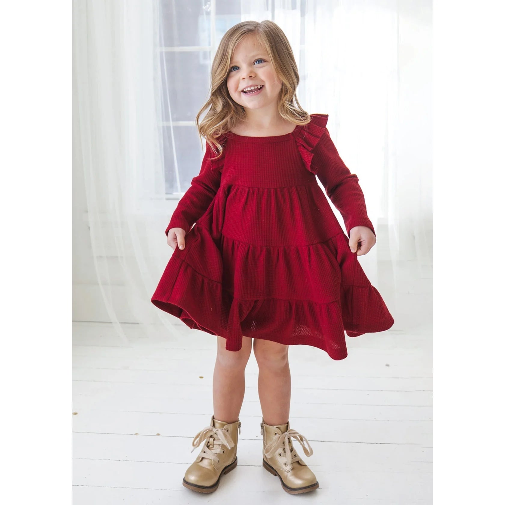 Mabel + Honey Berry & Olive Wreath Waffled Knit Dress