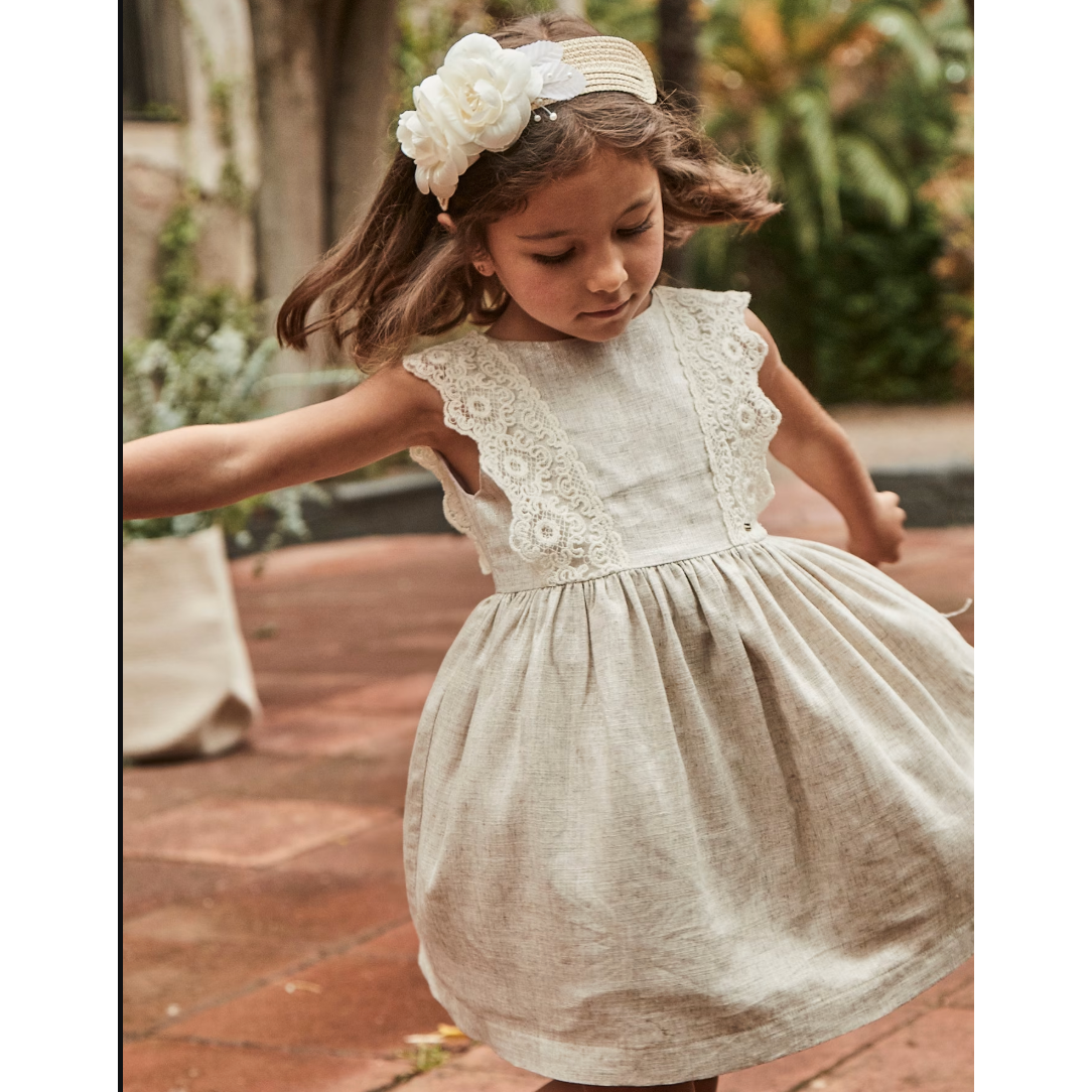 Mayoral Girl Linen Dress with Embroidered Detail-MAYORAL-Little Giant Kidz