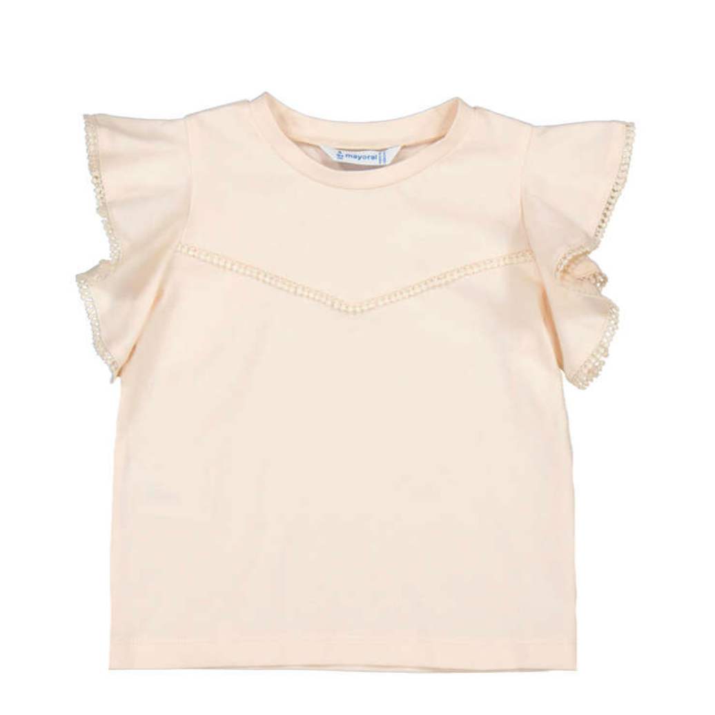 Mayoral Girl Short Sleeved T-Shirt w/ Lace Trim - Salmon-MAYORAL-Little Giant Kidz