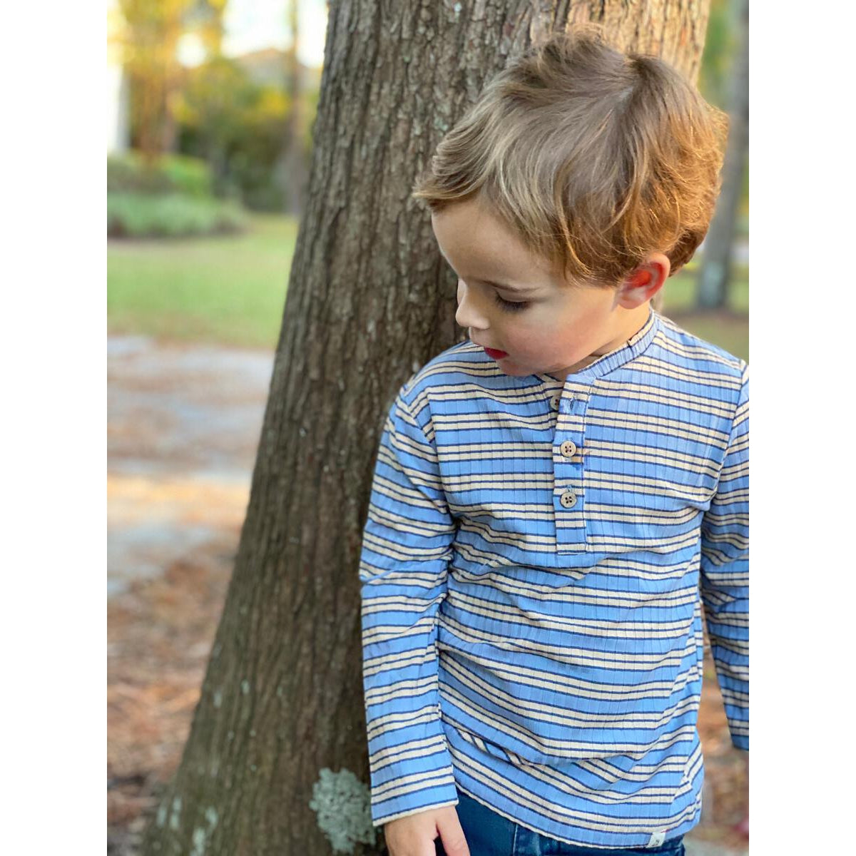 Me & Henry Adams Ribbed Henley - Blue/Tan Stripe-ME & HENRY-Little Giant Kidz