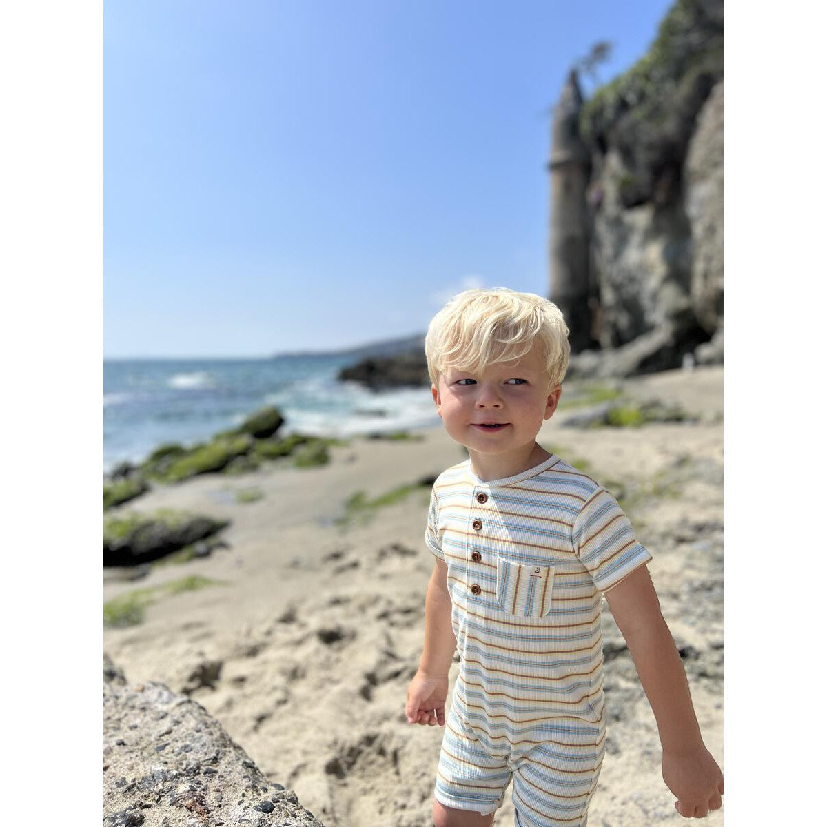 Me & Henry Blue/Lemon/White Ribbed Henley Camborne Romper-ME & HENRY-Little Giant Kidz