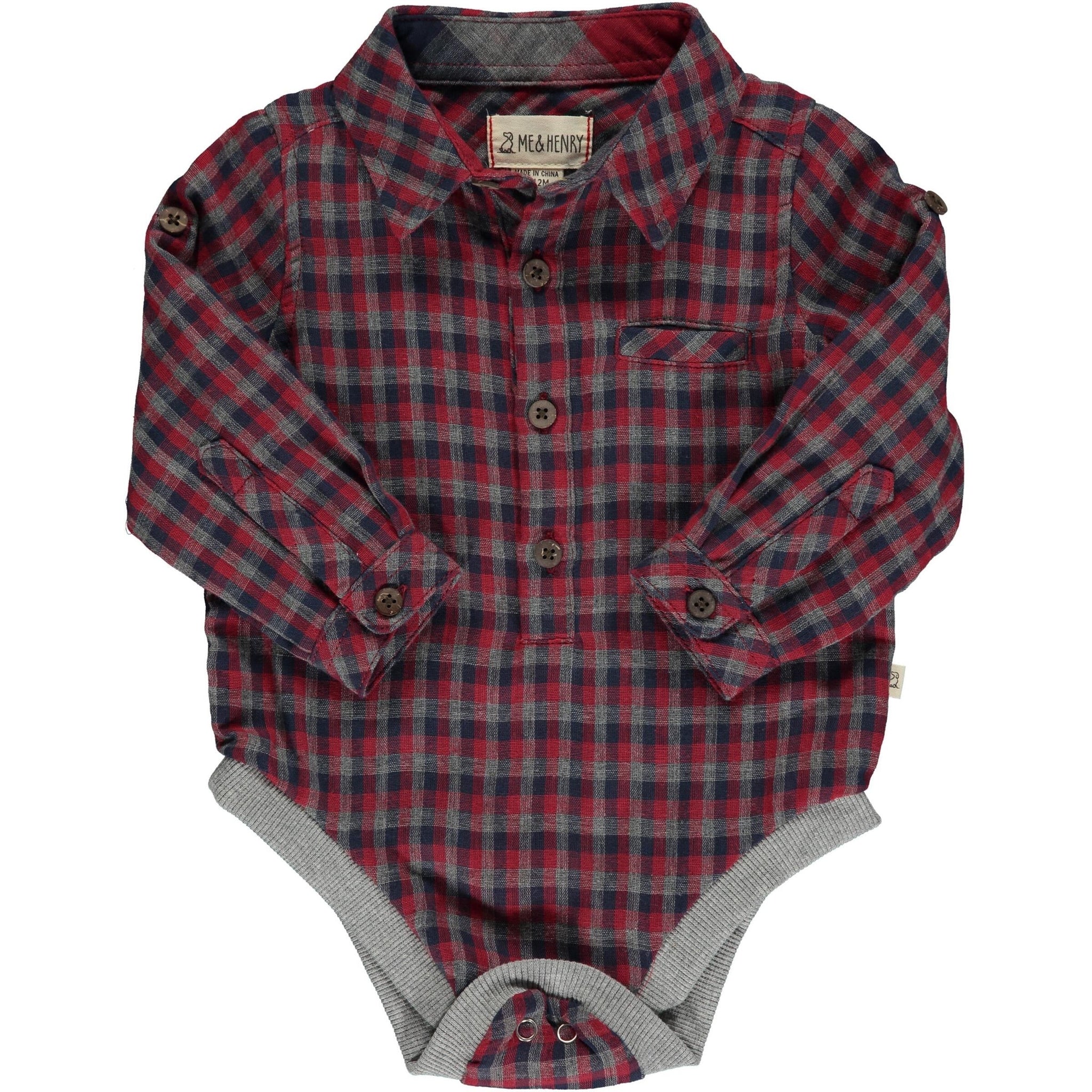 Me & Henry Red Multi Plaid Jasper Woven Onesie