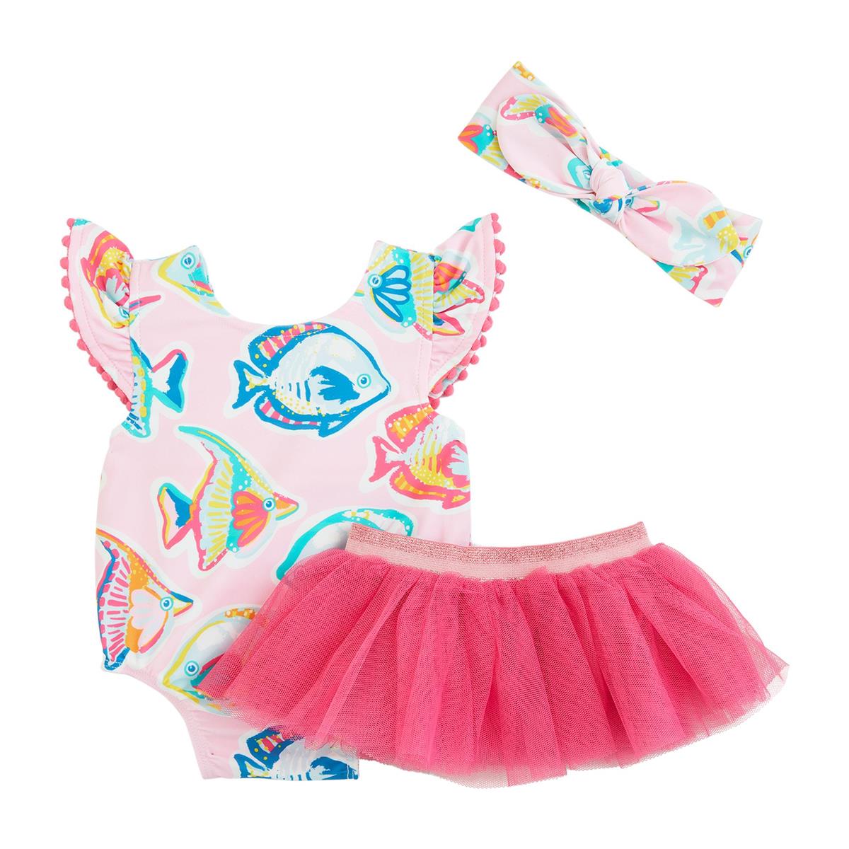 Mud Pie Reversible Swimsuit & Tutu Set - Pink Fish/Stripe-MUD PIE-Little Giant Kidz