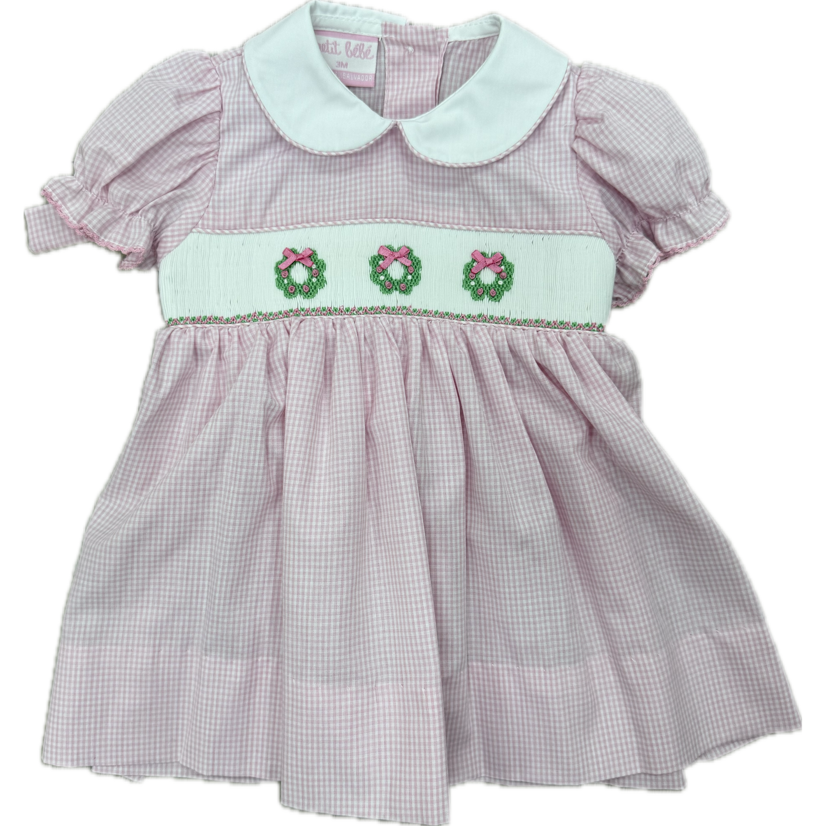 Petit Bebe Pink Gingham Dress- Pink Wreaths-PETIT BEBE-Little Giant Kidz